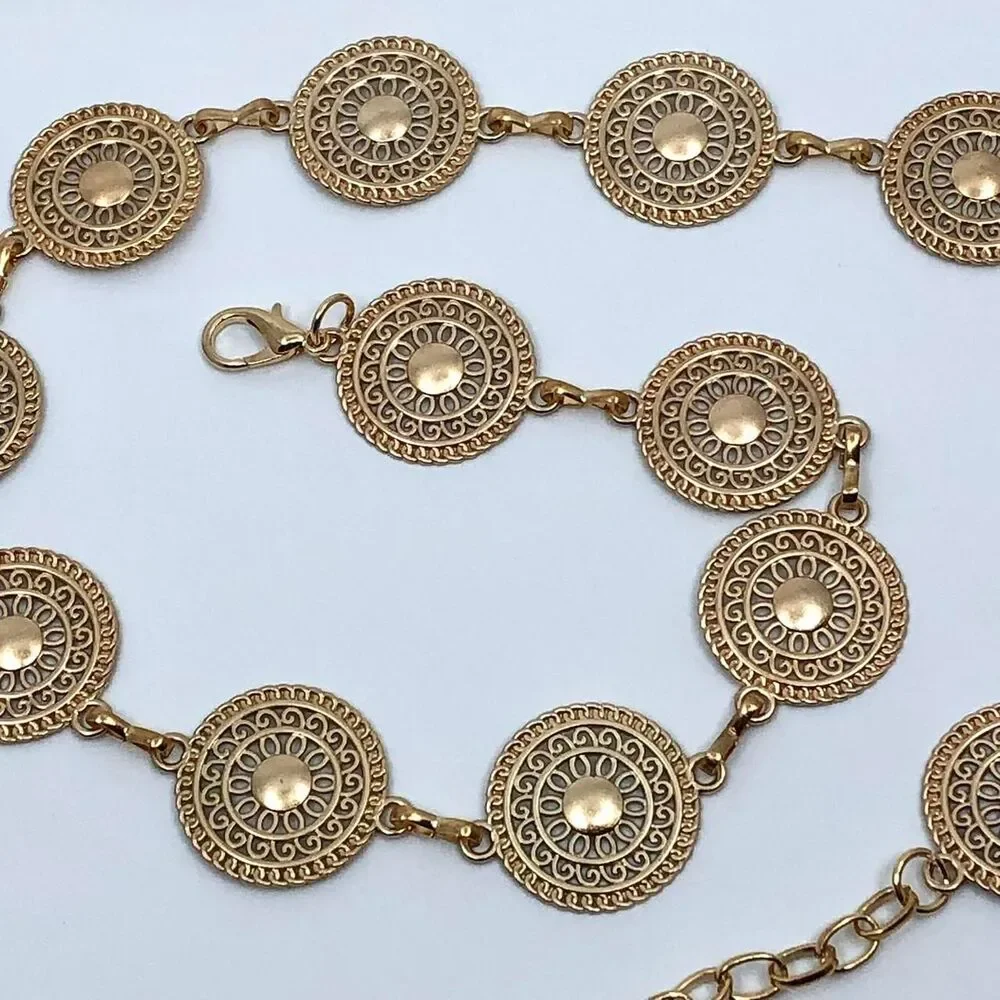 Gold Y2K Textured Round Medallion Boho Chain Belt, Fits 25-44.5 Inches, X7GA1247